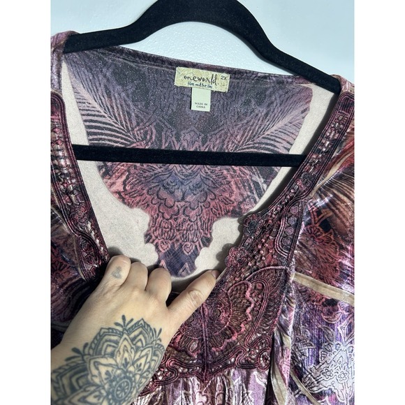 One World 2X Top Velvet Burnout Purple Pink Boho Embellished V-Neck 3/4 Sleeve - Picture 11 of 11